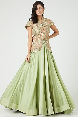 Pista Green Chanderi Lehenga Set by Debyani