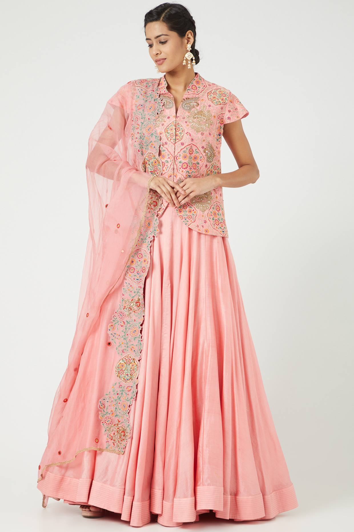 Old Rose Chanderi Jacket Wedding Lehenga Set by Debyani at Pernia's Pop Up Shop