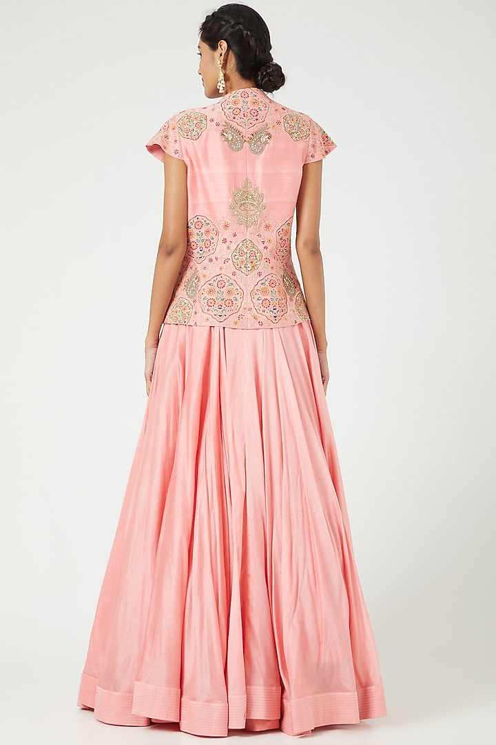 Old Rose Chanderi Jacket Wedding Lehenga Set by Debyani at Pernia's Pop Up Shop