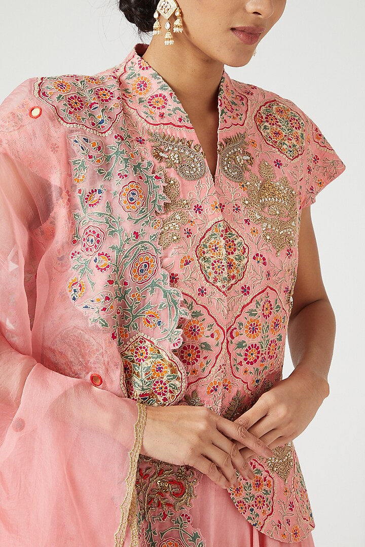 Old Rose Chanderi Jacket Wedding Lehenga Set by Debyani at Pernia's Pop Up Shop