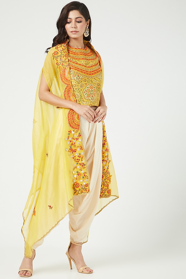 Mustard Chanderi & Modal Satin Cape Set by Debyani at Pernia's Pop Up Shop