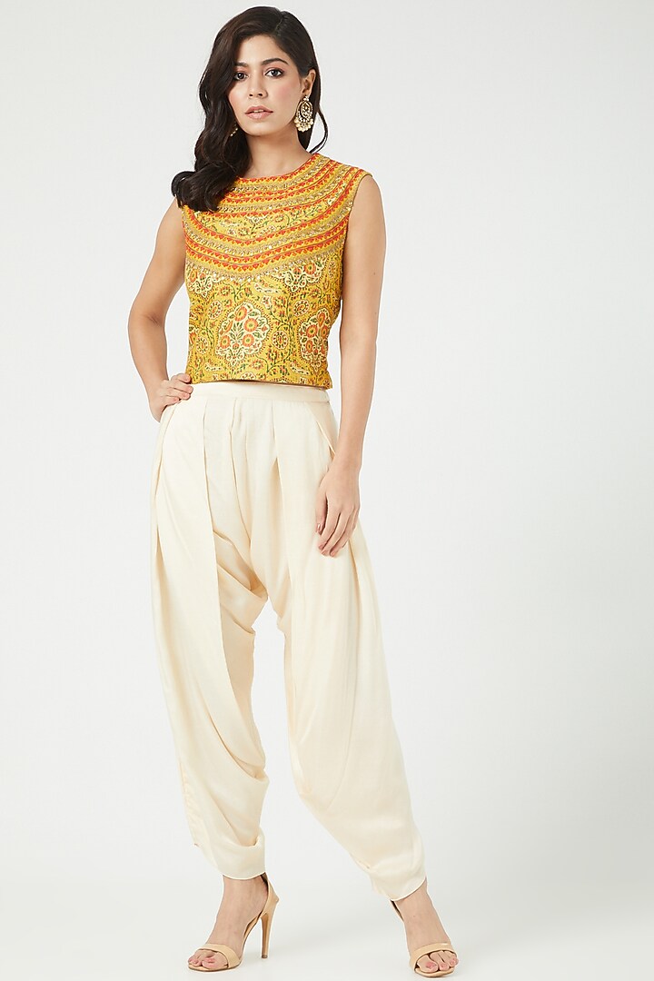 Mustard Chanderi & Modal Satin Cape Set by Debyani at Pernia's Pop Up Shop