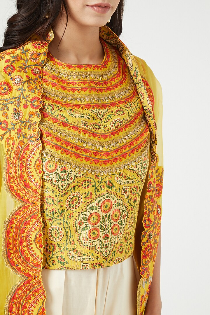 Mustard Chanderi & Modal Satin Cape Set by Debyani at Pernia's Pop Up Shop