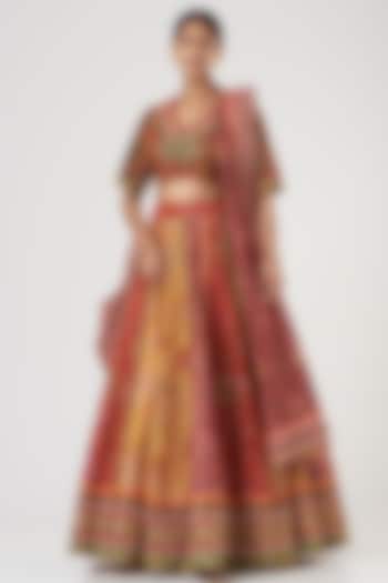 Fuchsia & Citrus Yellow Raw Silk Embroidered Bridal Lehenga Set by Debyani at Pernia's Pop Up Shop