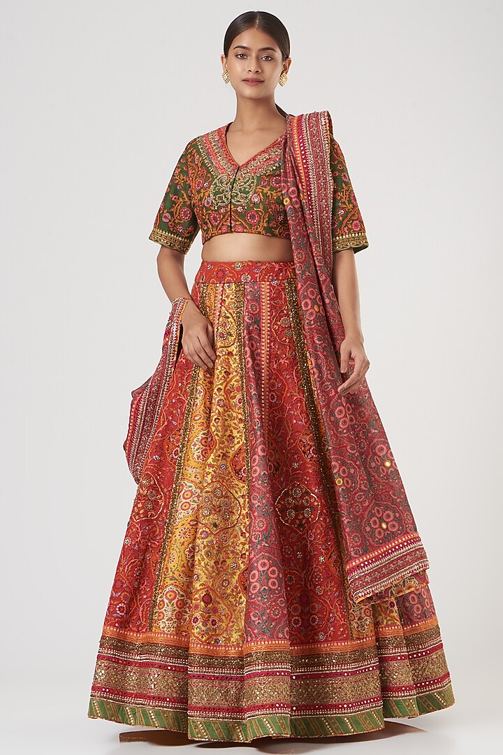 Fuchsia & Citrus Yellow Raw Silk Embroidered Bridal Lehenga Set by Debyani at Pernia's Pop Up Shop