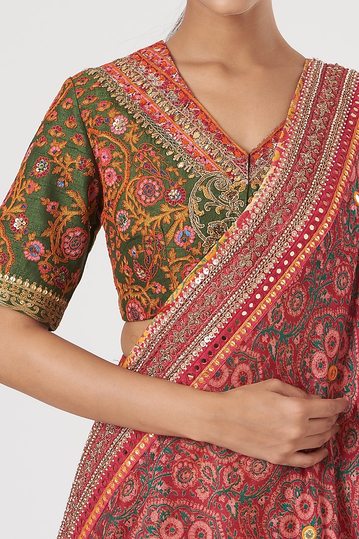 Fuchsia & Citrus Yellow Raw Silk Embroidered Bridal Lehenga Set by Debyani at Pernia's Pop Up Shop
