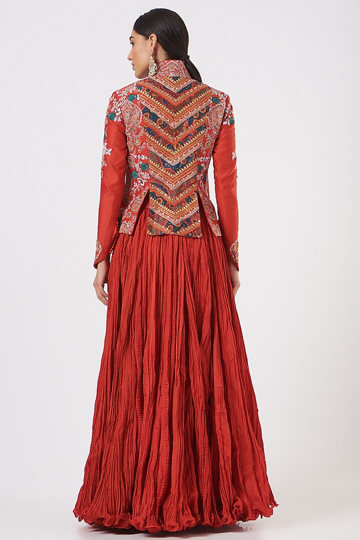 Cadmium Red Chanderi & Mulmul Jacket Set by Debyani at Pernia's Pop Up Shop