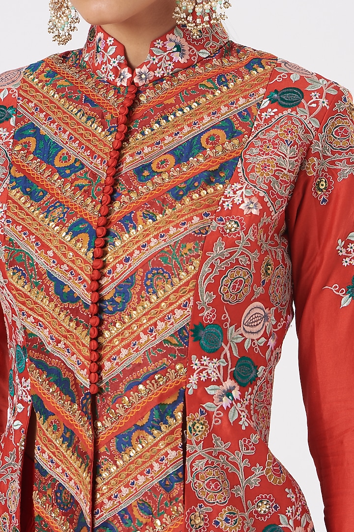 Cadmium Red Chanderi & Mulmul Jacket Set by Debyani at Pernia's Pop Up Shop