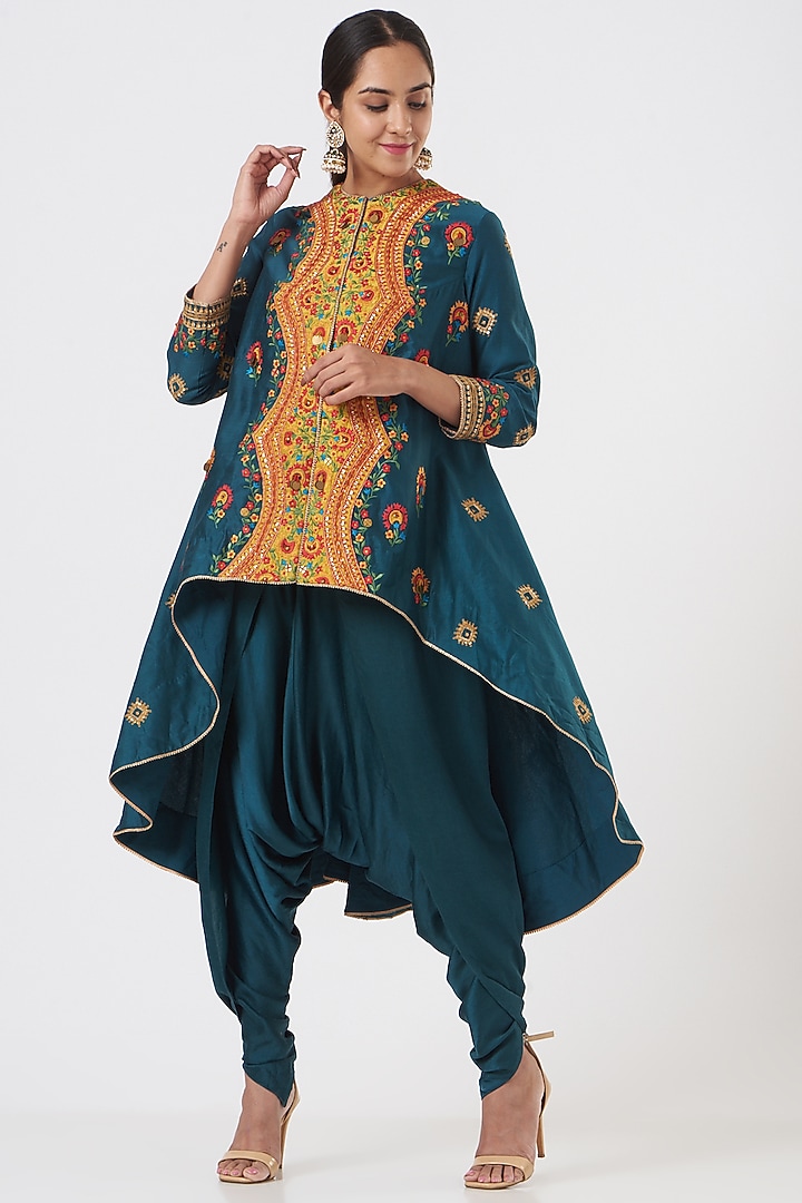 Blue Chanderi Jacket Set by Debyani at Pernia's Pop Up Shop