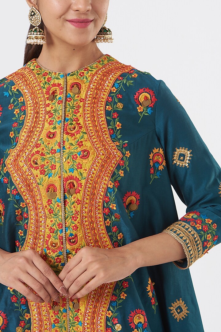 Blue Chanderi Jacket Set by Debyani at Pernia's Pop Up Shop