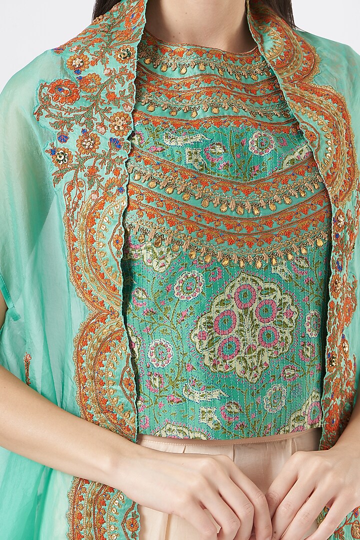 Sea Green Organza Cape Set by Debyani at Pernia's Pop Up Shop