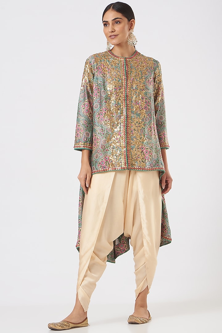 Blue Chanderi Jacket Set by Debyani at Pernia's Pop Up Shop