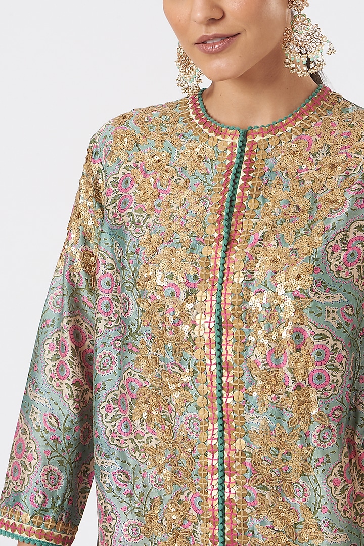 Blue Chanderi Jacket Set by Debyani at Pernia's Pop Up Shop