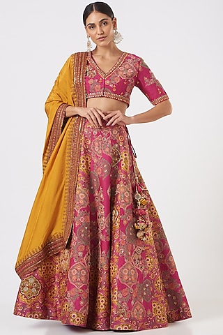 Magenta & Yellow Chanderi Lehenga Set by Debyani