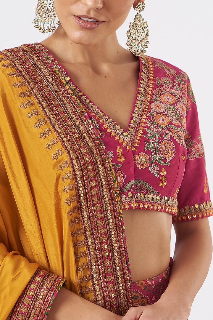 Magenta & Yellow Chanderi Bridal Lehenga Set by Debyani at Pernia's Pop Up Shop