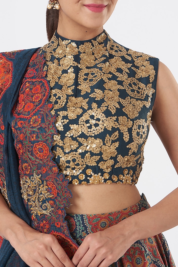 Blue Printed Wedding Lehenga Set by Debyani at Pernia's Pop Up Shop