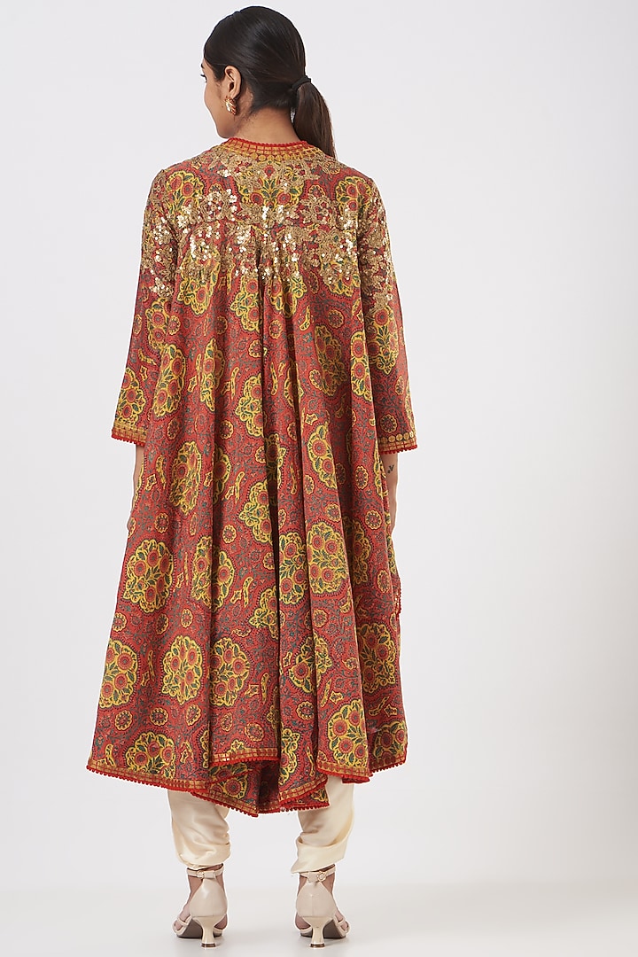 Red Chanderi Jacket Set by Debyani at Pernia's Pop Up Shop