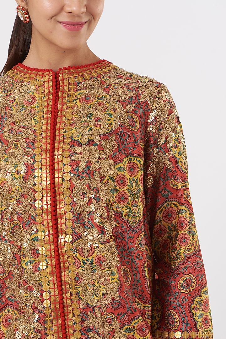 Red Chanderi Jacket Set by Debyani at Pernia's Pop Up Shop