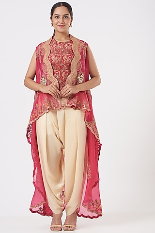 Magenta High-Low Jacket Set by Debyani