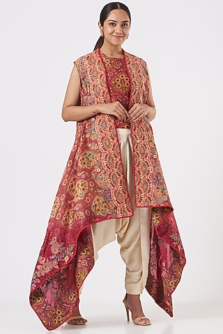 Magenta Printed Jacket Set by Debyani