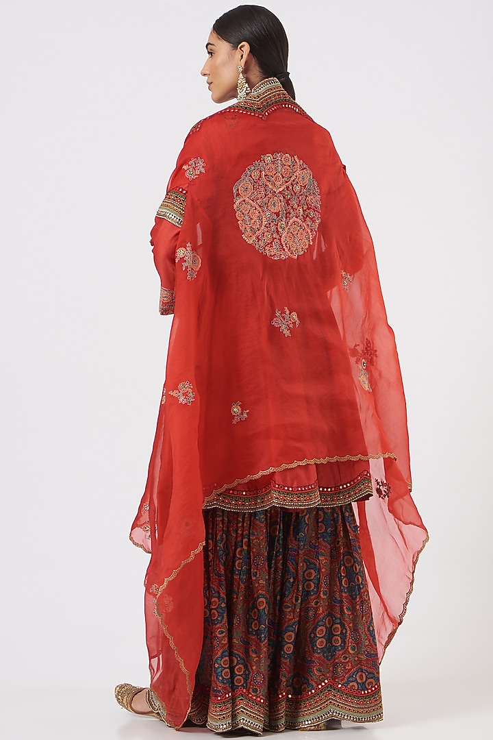 Red Chanderi Printed Sharara Set by Debyani at Pernia's Pop Up Shop