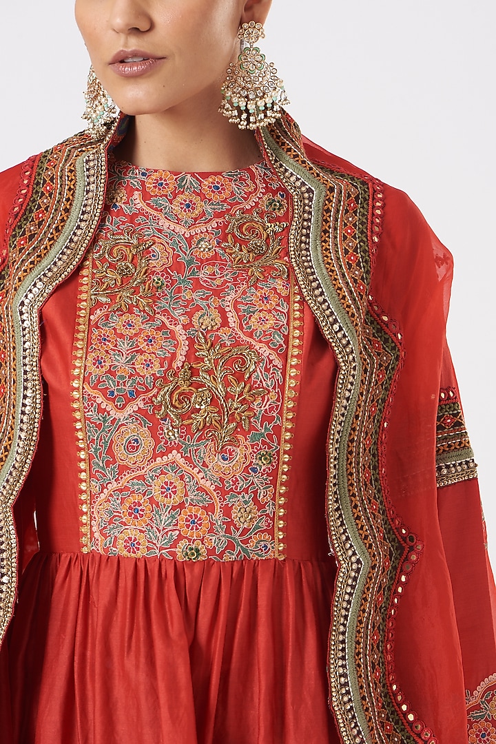 Red Chanderi Printed Sharara Set by Debyani at Pernia's Pop Up Shop