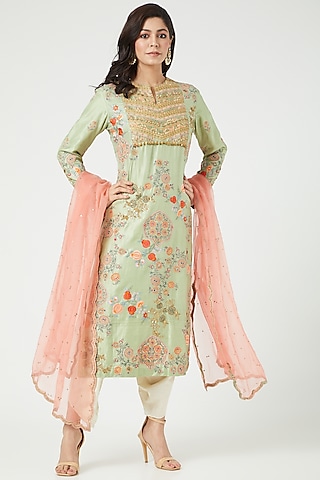 Pista Green Banglore Silk Kurta Set by Debyani