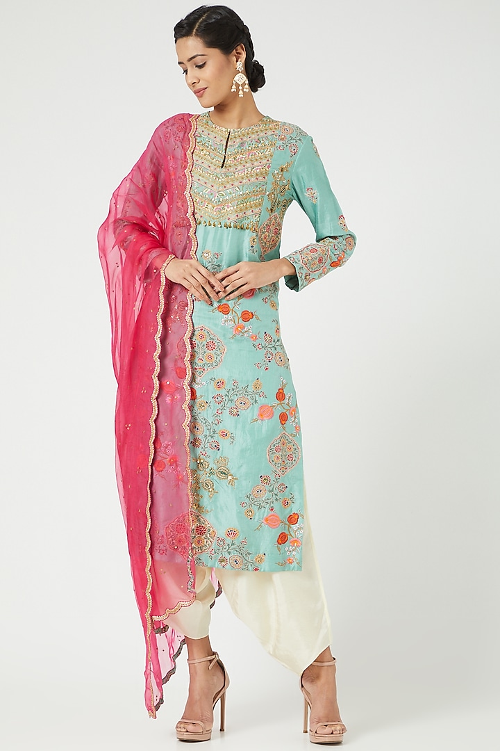 Turquoise Banglore Silk Kurta Set by Debyani at Pernia's Pop Up Shop