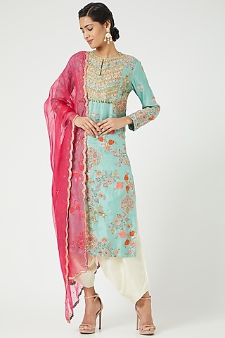 Turquoise Banglore Silk Kurta Set by Debyani