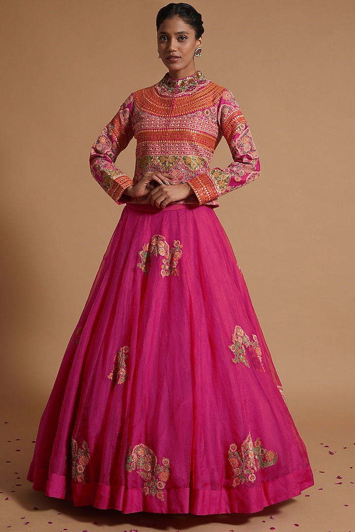 Fuchsia Silk Embroidered Skirt Set by Debyani at Pernia's Pop Up Shop