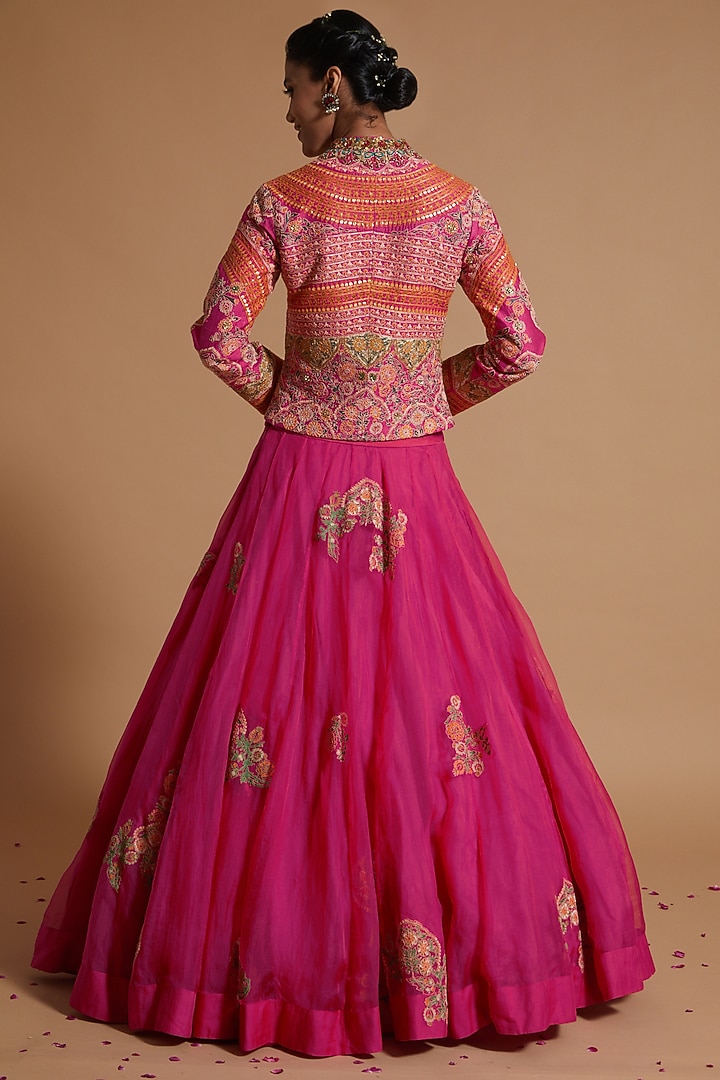 Fuchsia Silk Embroidered Skirt Set by Debyani at Pernia's Pop Up Shop