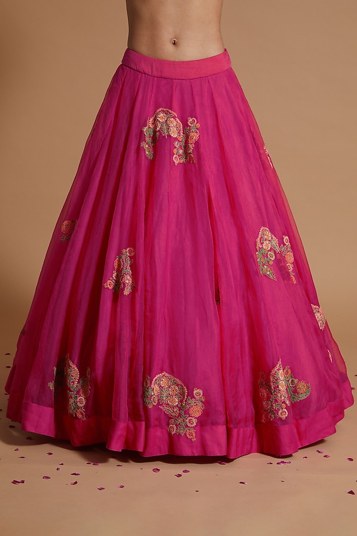 Fuchsia Silk Embroidered Skirt Set by Debyani at Pernia's Pop Up Shop