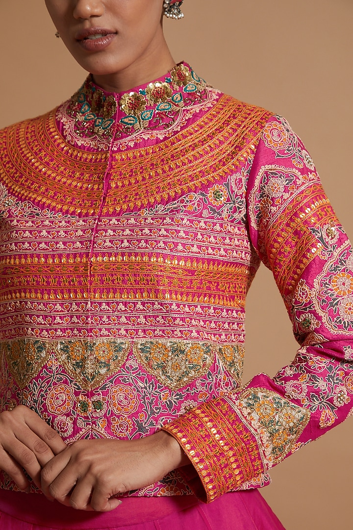Fuchsia Silk Embroidered Skirt Set by Debyani at Pernia's Pop Up Shop
