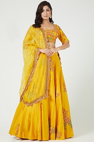 Mustard Chanderi Lehenga Set by Debyani