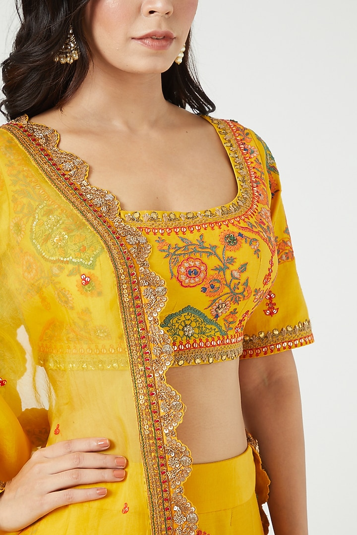 Mustard Chanderi Wedding Lehenga Set by Debyani at Pernia's Pop Up Shop
