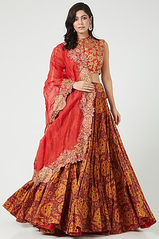 Red Printed Lehenga Set by Debyani