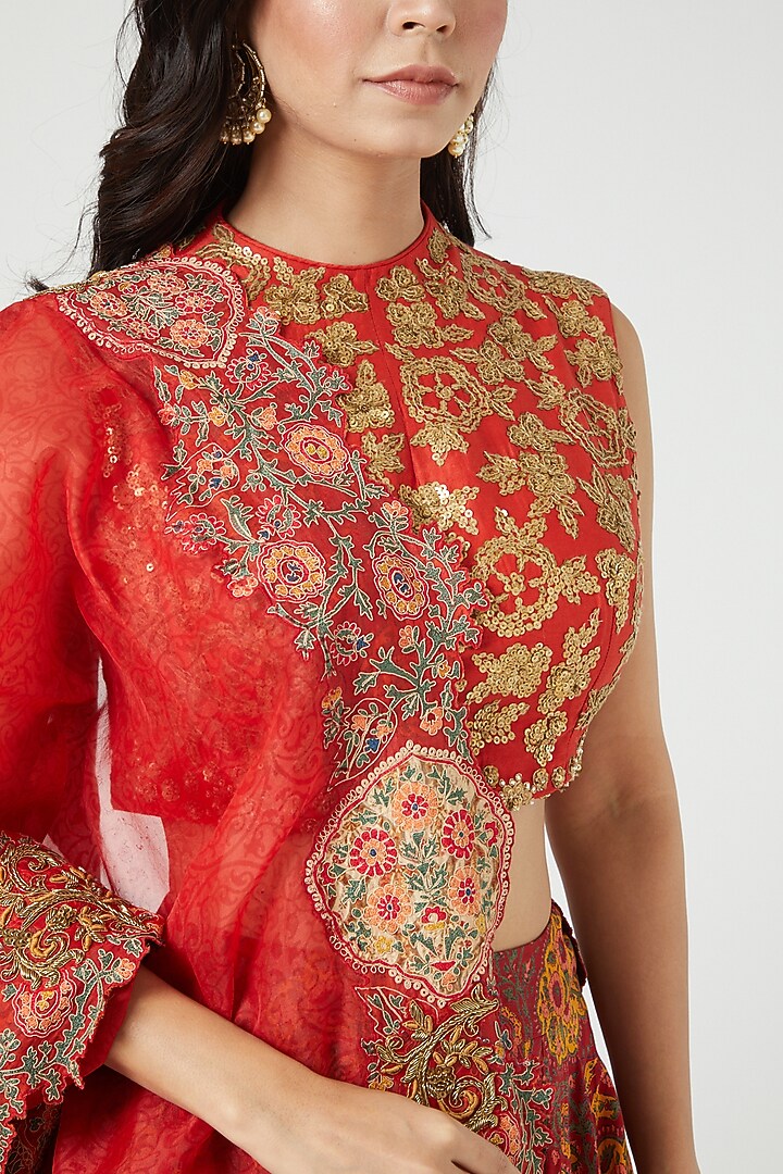 Red Printed Wedding Lehenga Set by Debyani at Pernia's Pop Up Shop