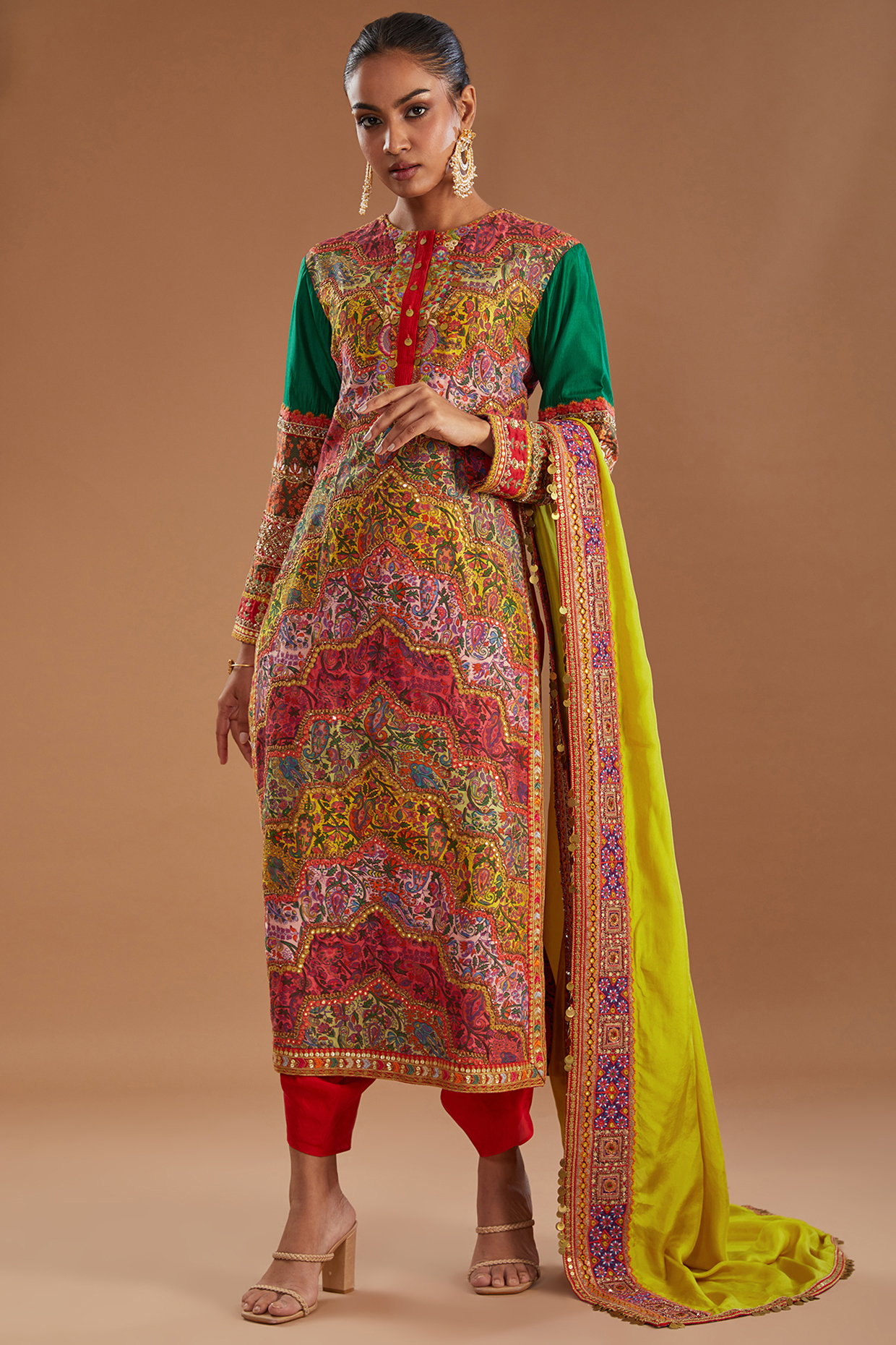 Multi-Colored Chanderi Leheriya Printed Kurta Set by Debyani at Pernia's Pop Up Shop