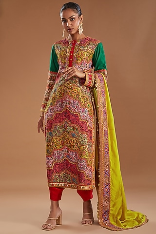 Multi-Colored Chanderi Leheriya Printed Kurta Set by Debyani