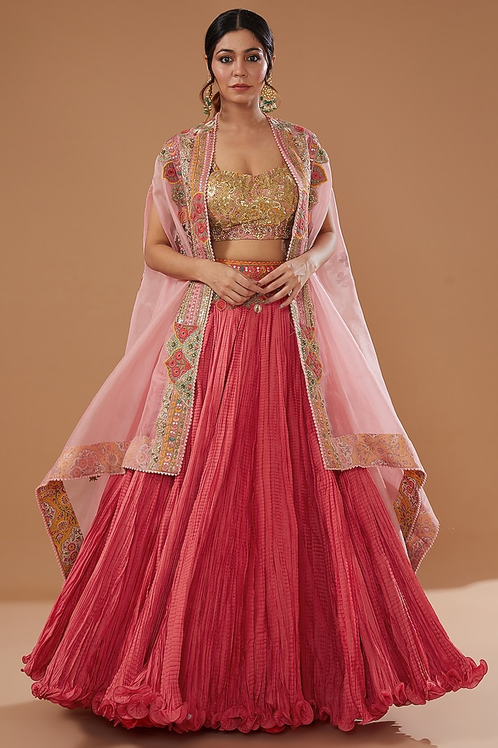 Powder Pink Chanderi Embroidered Cape Set by Debyani at Pernia's Pop Up Shop