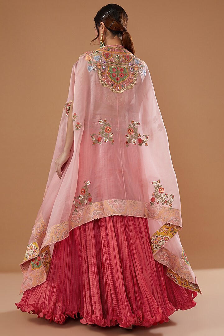 Powder Pink Chanderi Embroidered Cape Set by Debyani at Pernia's Pop Up Shop