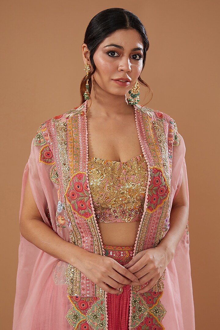Powder Pink Chanderi Embroidered Cape Set by Debyani at Pernia's Pop Up Shop