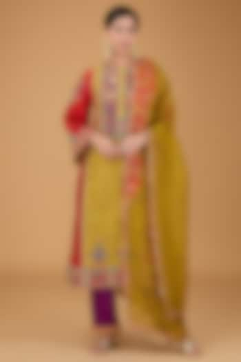 Yellow Chanderi Choga Kurta Set by Debyani at Pernia's Pop Up Shop