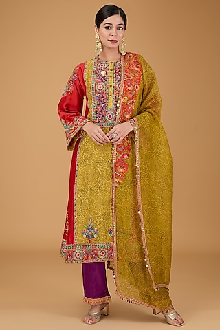 Yellow Chanderi Choga Kurta Set by Debyani