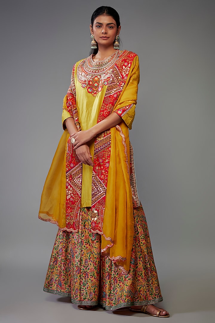 Yellow Chanderi Silk Sharara Set by Debyani