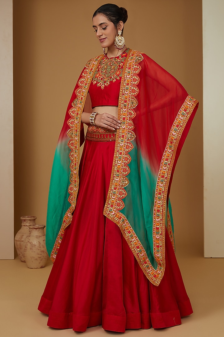 Red Chanderi Silk Embroidered High-Low Cape Set by Debyani at Pernia's Pop Up Shop