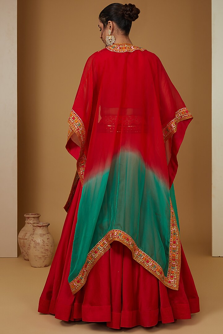 Red Chanderi Silk Embroidered High-Low Cape Set by Debyani at Pernia's Pop Up Shop