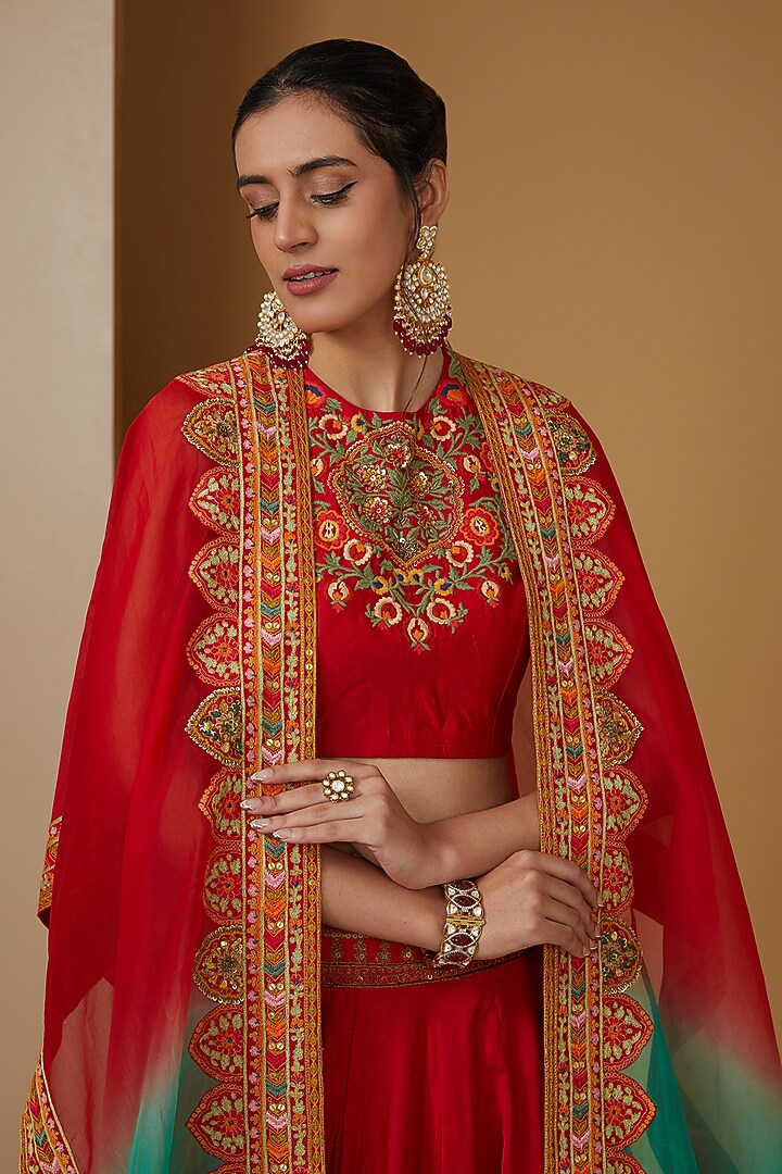 Red Chanderi Silk Embroidered High-Low Cape Set by Debyani at Pernia's Pop Up Shop