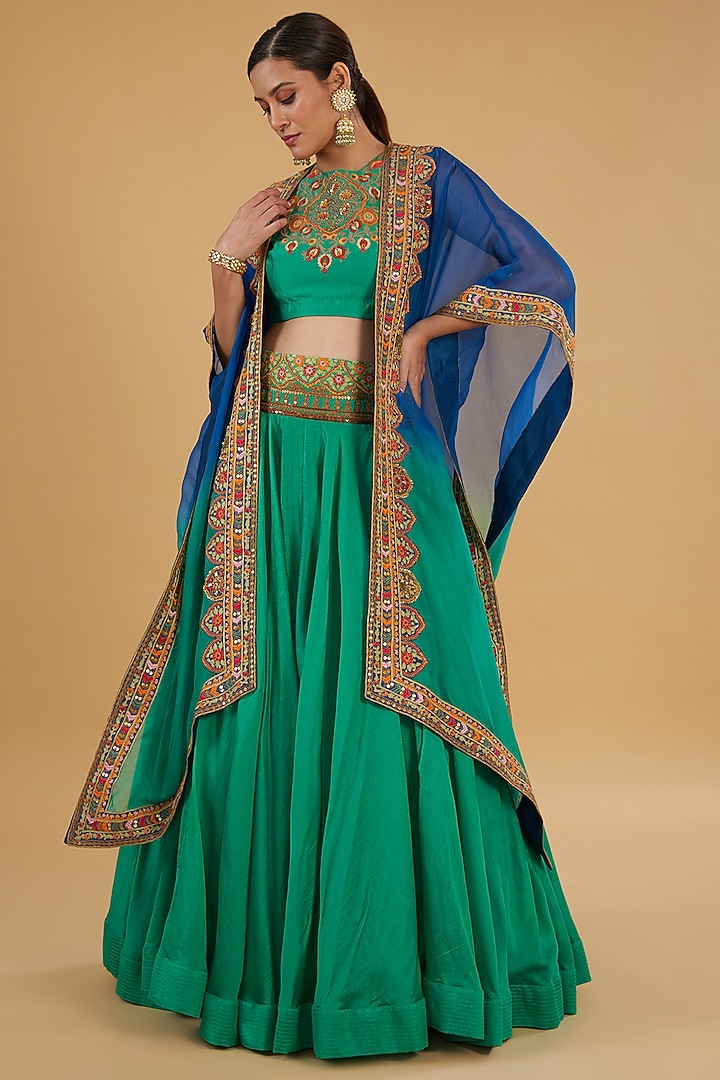 Meena Green Chanderi Silk Skirt Set by Debyani at Pernia's Pop Up Shop