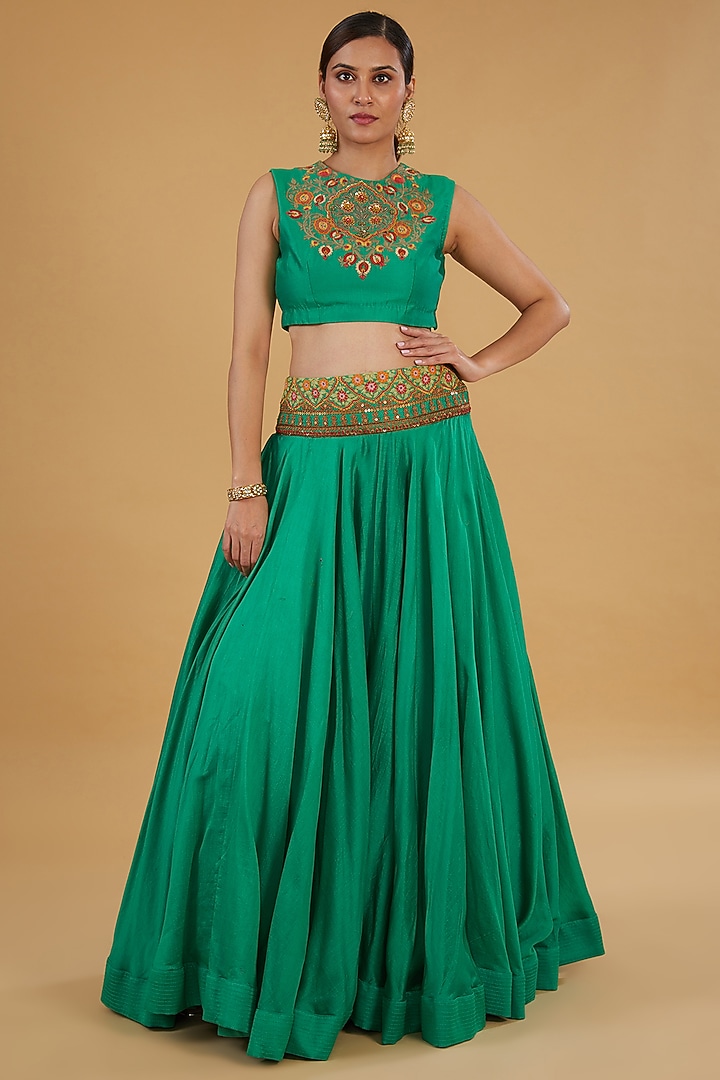 Meena Green Chanderi Silk Skirt Set by Debyani at Pernia's Pop Up Shop